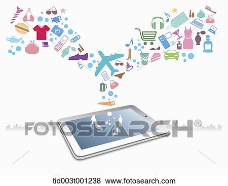illustration of icons flying from tablet PC View Large Illustration Stock Illustration - illustration of icons flying from tablet PC. Fotosearch