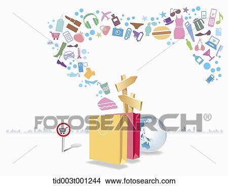 illustration of icons flying from shopping bag View Large Illustration Stock Illustration - illustration of icons flying from shopping bag. Fotosearch