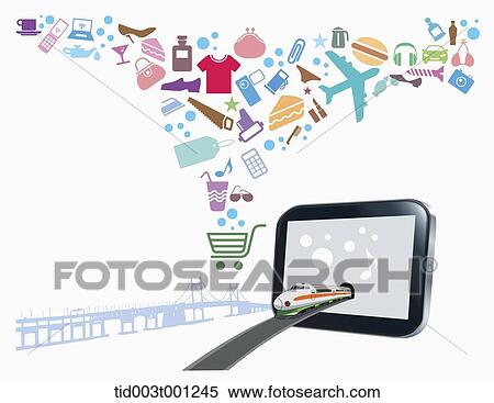illustration of icons flying from tablet PC View Large Illustration Stock Illustration - illustration of icons flying from tablet PC. Fotosearch