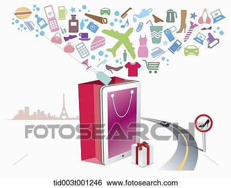 Stock Illustration - illustration of icons flying from shopping bag. Fotosearch