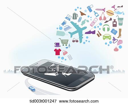 illustration of icons flying from mobile phone View Large Illustration Stock Illustration - illustration of icons flying from mobile phone. Fotosearch