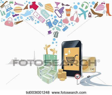 illustration of icons flying from shopping bag View Large Illustration Stock Illustration - illustration of icons flying from shopping bag. Fotosearch