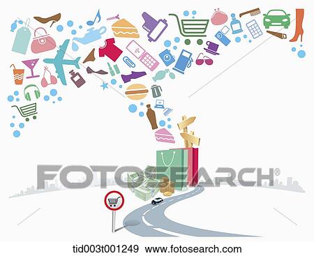 illustration of icons flying from shopping bag View Large Illustration Stock Illustration - illustration of icons flying from shopping bag. Fotosearch