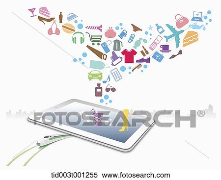 Stock Illustration - illustration of icons flying from tablet PC. Fotosearch