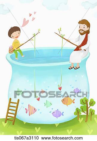illustration of kid and Jesus fishing View Large Illustration Clipart - illustration of kid and Jesus fishing. Fotosearch