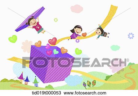Drawing - illustration of kids and a gift box. Fotosearch