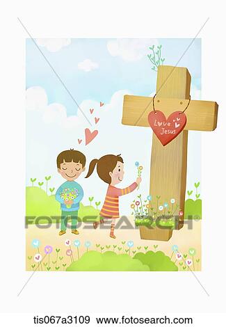 illustration of kids and cross View Large Illustration Stock Illustration - illustration of kids and cross. Fotosearch