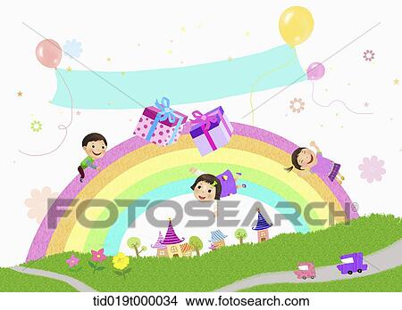 Stock Illustration - illustration of kids around a rainbow. Fotosearch