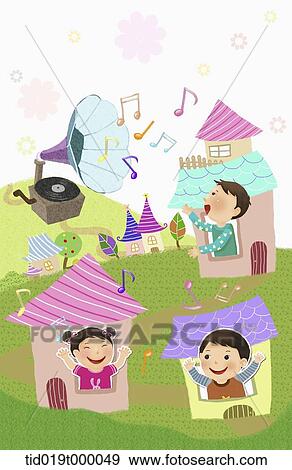 Stock Illustration - illustration of kids in the houses enjoying the music. Fotosearch