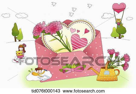 Drawing - illustration of kids on a fancy land with a letter. Fotosearch