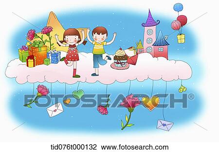 Drawing - illustration of kids on a fancy land on a cloud. Fotosearch