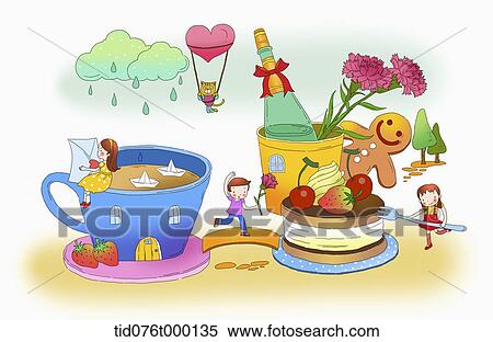 Stock Illustration - illustration of kids on a fancy land with food. Fotosearch