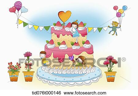 Stock Illustration - illustration of kids on a fancy land with cake. Fotosearch