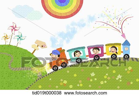 illustration of kids on a train View Large Illustration Stock Illustration - illustration of kids on a train. Fotosearch
