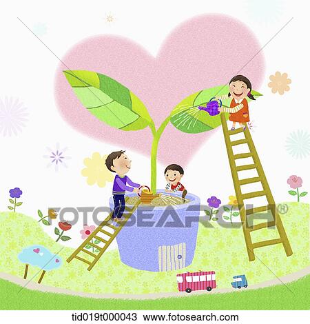 illustration of kids planting View Large Illustration Drawing - illustration of kids planting. Fotosearch