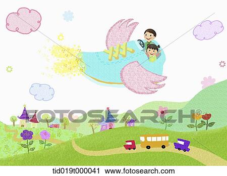 illustration of kids riding a shoes flying in the air View Large Illustration Clip Art - illustration of kids riding a shoes flying in the air. Fotosearch