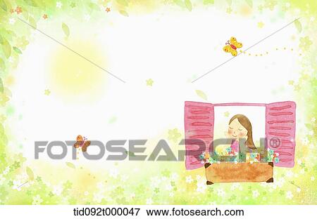 Stock Illustration - illustration of letter template featuring a girl from a window. Fotosearch