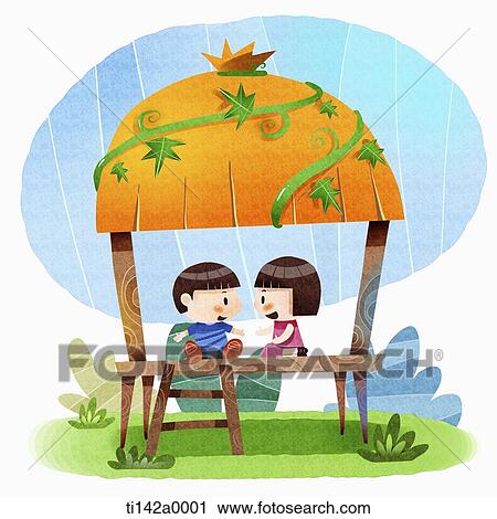 Clip Art - illustration of man and woman in the hut. Fotosearch