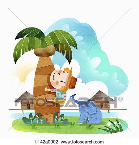 Drawing - illustration of man climbing a tree. Fotosearch