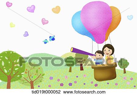 Drawing - illustration of mother and a kid on hot air balloon. Fotosearch