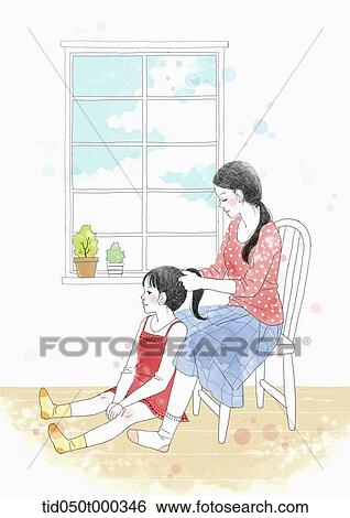 Stock Illustration - illustration of mother doing daughter's hair. Fotosearch