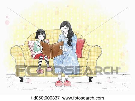 Stock Illustration - illustration of mother reading daughter a book. Fotosearch