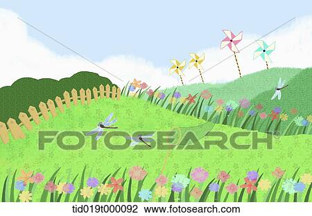 Drawing - illustration of paper pinwheels and dragonflies . Fotosearch