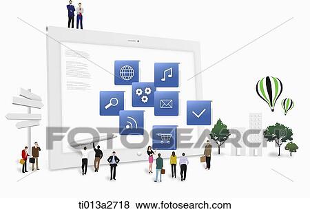 illustration of people and icons floating View Large Illustration Stock Illustration - illustration of people and icons floating . Fotosearch