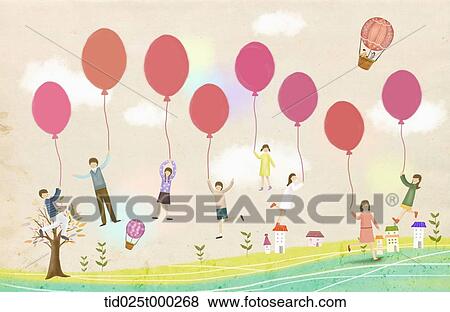 Stock Illustration - illustration of people holding balloons. Fotosearch