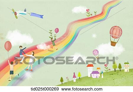 illustration of people on a rainbow View Large Illustration Stock Illustration - illustration of people on a rainbow. Fotosearch
