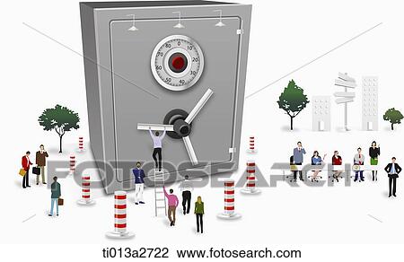 Drawing - illustration of people standing around a safe. Fotosearch
