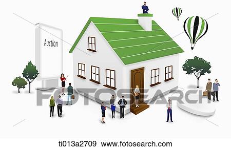 illustration of people standing around a house View Large Illustration Stock Illustration - illustration of people standing around a house. Fotosearch