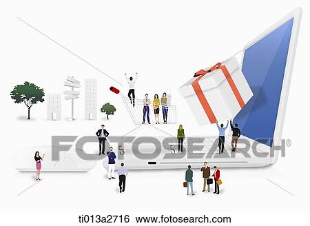 illustration of people standing around laptop View Large Illustration Stock Illustration - illustration of people standing around laptop. Fotosearch
