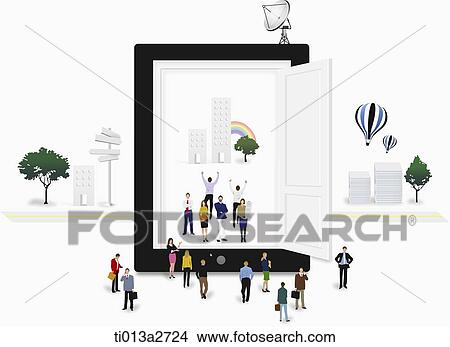 illustration of people standing around a tablet PC View Large Illustration Stock Illustration - illustration of people standing around a tablet PC. Fotosearch