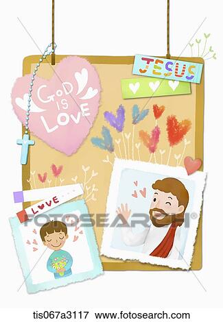 illustration of pictures of Jesus and kid on a board View Large Illustration Stock Illustration - illustration of pictures of Jesus and kid on a board. Fotosearch