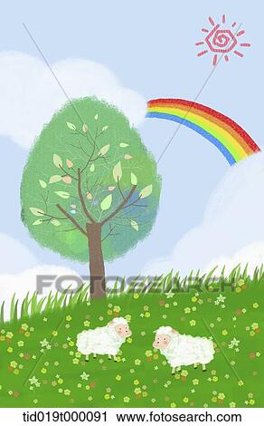 illustration of sheep and tree on a filed View Large Illustration Clip Art - illustration of sheep and tree on a filed . Fotosearch