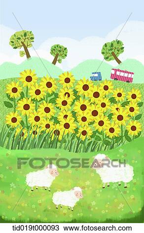 illustration of sunflowers on a field View Large Illustration Drawing - illustration of sunflowers on a field . Fotosearch