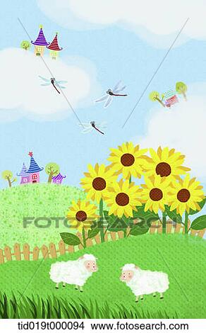 illustration of sunflowers on a field View Large Illustration Stock Illustration - illustration of sunflowers on a field . Fotosearch