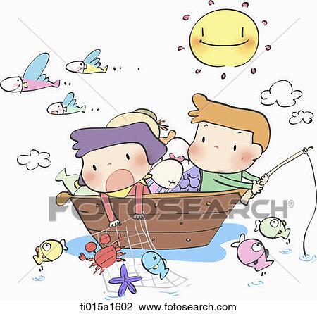 Drawing - illustration of two kids fishing. Fotosearch