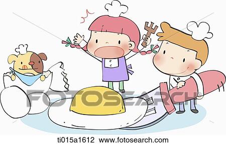 Drawing - illustration of two kids frying eggs. Fotosearch