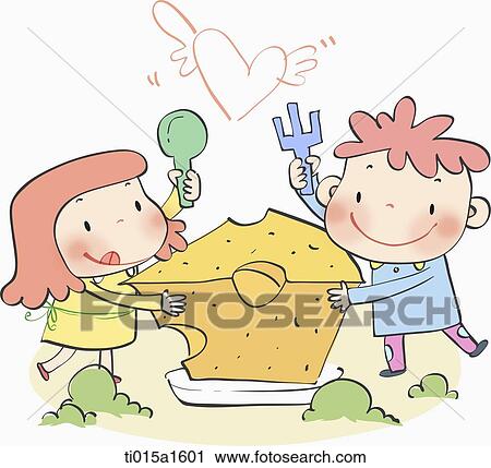 Clip Art - illustration of two kids having cheese. Fotosearch