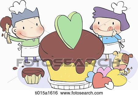 Stock Illustration - illustration of two kids making cup cake. Fotosearch