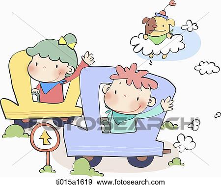 Stock Illustration - illustration of two kids on cars. Fotosearch