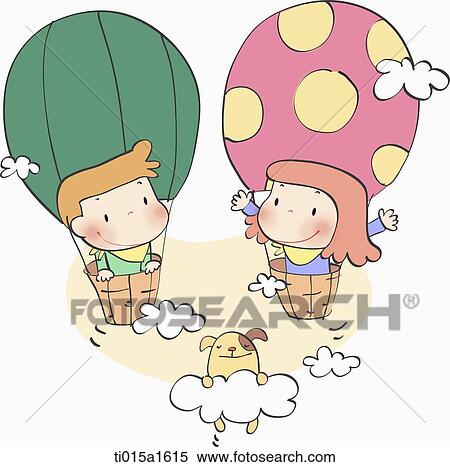 Stock Illustration - illustration of two kids on hot air balloon. Fotosearch