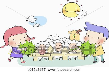 Stock Illustration - illustration of two kids with sheep. Fotosearch