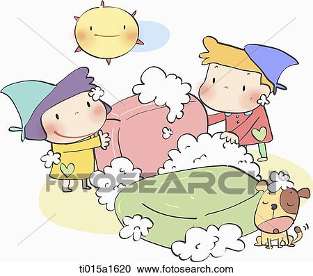 illustration of two kids with soaps View Large Illustration Clipart - illustration of two kids with soaps. Fotosearch