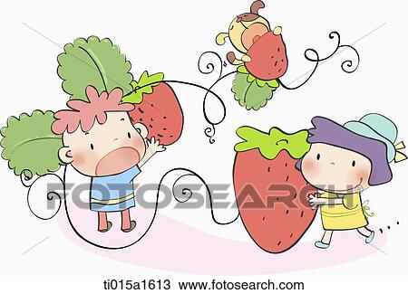 illustration of two kids with strawberry View Large Illustration Drawing - illustration of two kids with strawberry. Fotosearch