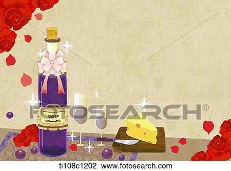 Drawing - illustration of wine and cheese. Fotosearch