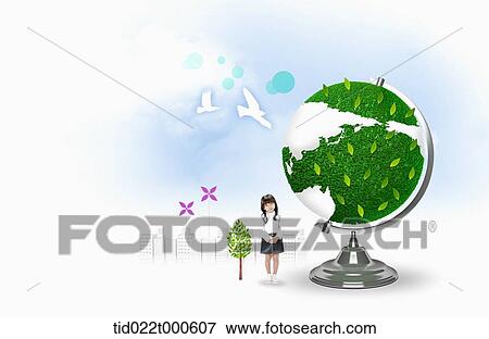 kid on eco friendly green land View Large Illustration Stock Illustration - kid on eco friendly green land . Fotosearch