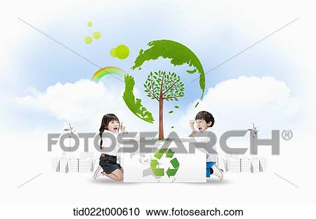 Clipart - kids on eco friendly green land . Fotosearch